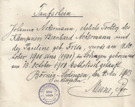 Johanna Akerman baptismal certificate